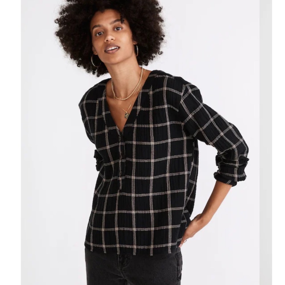 Madewell Lightspun Evert Top in‎ Windowpane Black Top Sz S